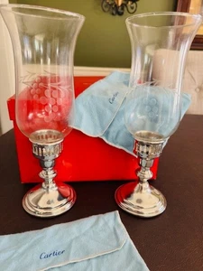 Vintage Cartier Pewter Candlesticks Pair Etched Hurricane Glass NIB NOS NEW Set - Picture 1 of 12