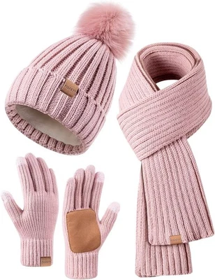 Hat Scarf and Gloves Set Ladies, Winter Beanie Hat for Women with Pom Pom Fleece