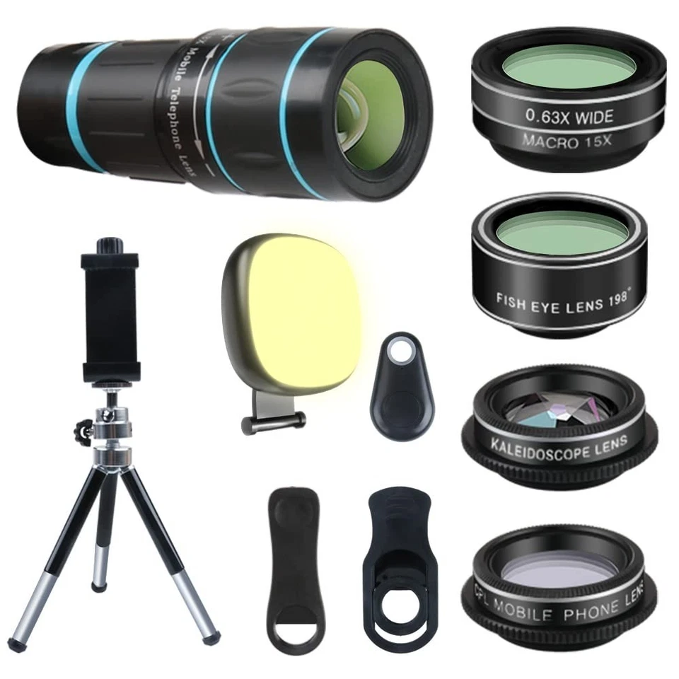 Phone Camera Lens 6 Lenses LED Light Remote Shutter Tripod for iPhone Samsung