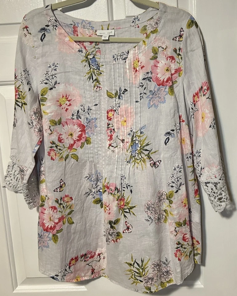 J. Jill Love 亚麻衬衫打褶束腰外衣花卉 3/4 袖钩针袖口中号 — 第 1/4 张图片