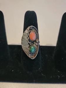 Vintage Sterlingsilber Türkis rote Koralle Indianer Schatten Ring AG 9,25 - Bild 1 von 12