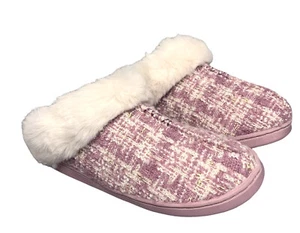 Lauren Conrad Slippers Womens Pink White Tweed M 7-8 Bedroom Shoes Ivory Plush - Picture 1 of 9