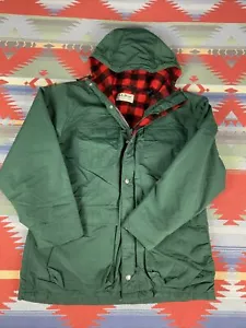 LL Bean Vintahe Baxter State Parka Green & Red Black Wool Plaid Lining sz L 90s - Picture 1 of 6