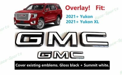 SUPERPOSICIÓN Delantero Trasero Brillo Negro Blanco GMC Emblemas Ajuste 2021+ Yukon Yukon XL Foto 1 de 4