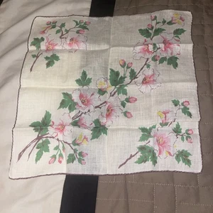 Vintage 12” Square Cotton Handkerchief/Hanky;Pink Flowers;Grn Leaves;brown Trim - Picture 1 of 4