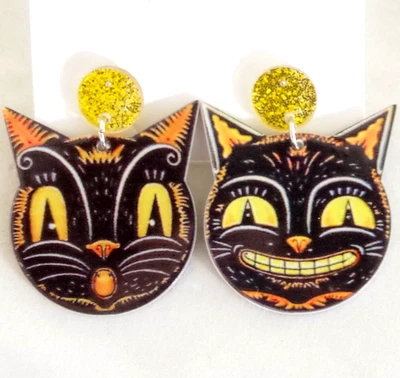 PENDIENTES HALLOWEEN COLGANTES ASIMÉTRICOS DE ACRÍLICO GATO NEGRO ASPECTO VINTAGE DE 2 CARAS Foto 1 de 4
