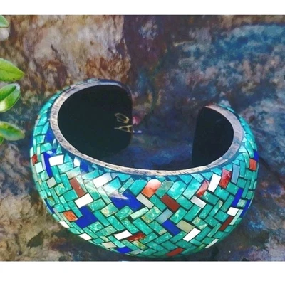 Pulsera Vintage Santo Domingo Pueblo Mosaico Turquesa Lapislázuli Coral  Foto 1 de 4