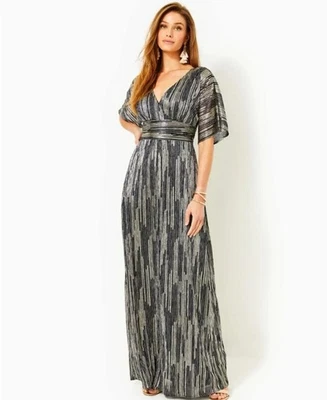 Maxi Vestido LILLY PULITZER Manga Corta Azul Marino Plateado Brillante. Usado en excelente estado. $298. Talla L Foto 1 de 4