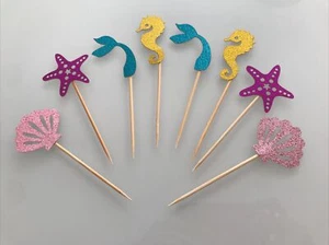 8 Sea Themed Cake Toppers - Ocean Themed Cake Decorations Sparkly Mermaid - Picture 1 of 5