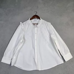 Old Navy Shirt Women's 2XL White Eyelet Ruffle Neck Long Sleeve Button Up NWT - Picture 1 of 14