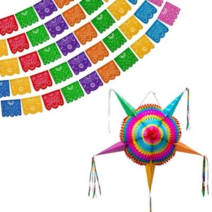Mexican Party Banners (5 Pack with 10 Multicolor Plastic Flags per Banner) + ... - Picture 1 of 9