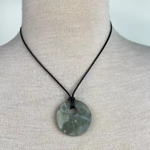 Gray Stone Disc Pendant Necklace Leather Cord - Picture 1 of 7