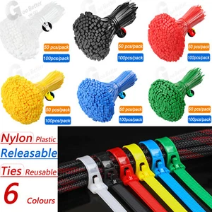 Releasable Cable Ties Reusable 6 Colours Natural Nylon Plastic Zip Tie Wraps - Picture 1 of 14