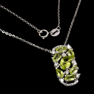 Unheated Oval Peridot 7x5mm Cz 14K White Gold Plate 925 Sterling Silver Necklace - Picture 1 of 9