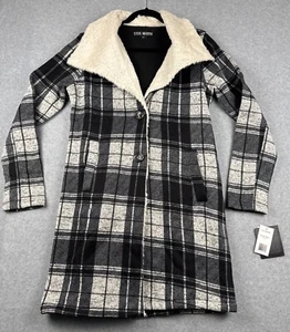 Steve Madden Cream & Black Plaid Faux Fur Fleece Coat Sz SP New With Tags - Picture 1 of 20