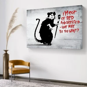 BANKSY I'M OUT OF BED RAT GRAFFITI STREET WALL ART CANVAS PICTURE FRAMED PRINT - Picture 1 of 7