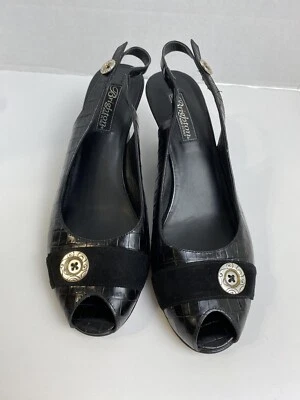 Tacones de cuña Brighton Nigel 9,5 de cuero negro punta abierta con cordones cocodrilo en relieve Foto 1 de 4