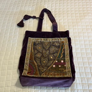 Oversized Purple Velvet Tote Bag Embroidered Beaded Boho Tassel - Picture 1 of 8