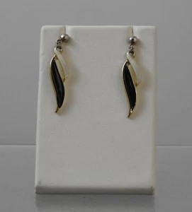 Vintage Black White Swirl Gold Tone Post Pierced Earring No Backs 1 5/8" Long G9 - Picture 1 of 10