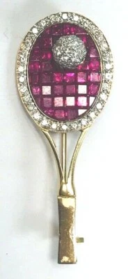 Broche prendedor raqueta tenis diamante rubí vintage Estate oro amarillo de 18 k  Foto 1 de 4