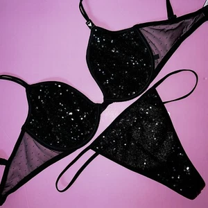 NWT Victoria's Secret unlined 34DD BRA SET XL thong BLACK sequined VERY SEXY - Picture 1 of 4