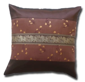 Brown Handmade Thaisilk Elephant & Floral Pillow Cover - 40x40cm Home Decor - Picture 1 of 1