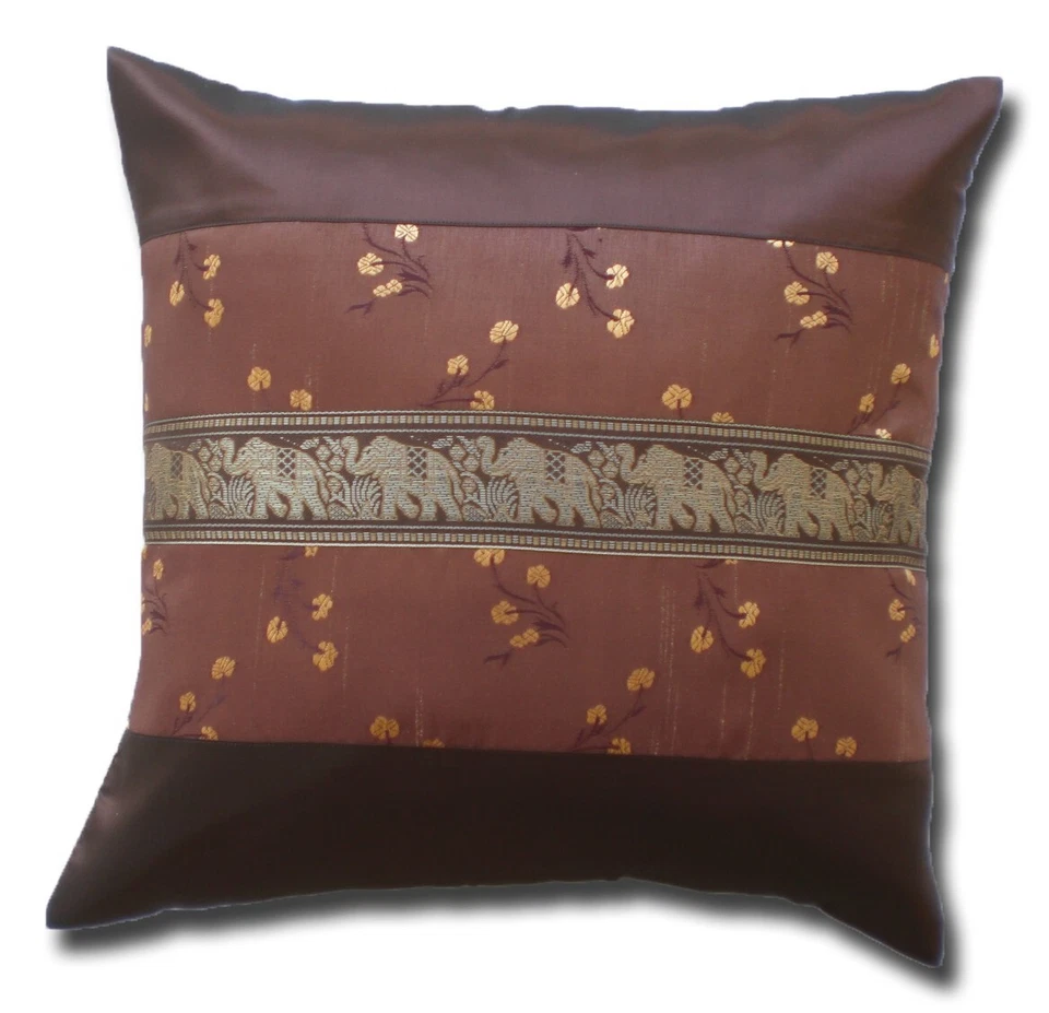 Brown Handmade Thaisilk Elephant & Floral Pillow Cover - 40x40cm Home Decor - Image 1 of 1