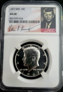 :1967 SMS 50C KENNEDY MEZZO DOLLARO NGC MS68 (SEMI-CAM) RARITÀ R3 GRADI PIÙ ALTI - Foto 1 di 2