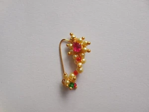 Mrathi Nose Ring Ethnic Nath Bridal Nose Pin Pearl Nostril Pierced Clip Wedding - Picture 1 of 7