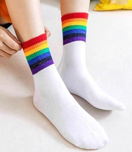 New Unisex Rainbow stripes White Socks Rainbow LGBT Gay Pride Girls Women - Picture 1 of 2