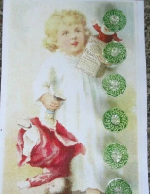 Set of 6 Vintage 7/16" Painted Green  whimsy  Wreath Glass Buttons~ NOS - Image 1 of 3