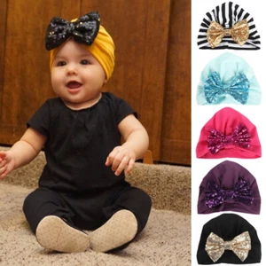 Baby Toddler Girl Kid Shiny Sequin Bow Elastic Turban Hat Stretch Beanie Cap - Picture 1 of 16