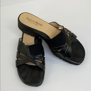 Taryn Rose Black Leather Slip on Slide Sandals sz 8.5 - Picture 1 of 7