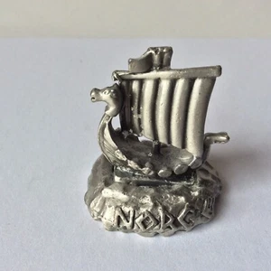 Vintage Pewter (?) Scandinavian Norge Viking Ship Figurine - 1.25”Long - Picture 1 of 9