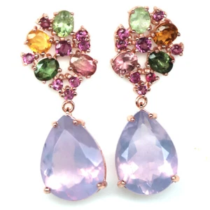 925 Sterling Silver Lavender Quartz, Tourmaline & Rhodolite Earrings - Picture 1 of 4