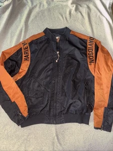 Harley Davidson Mens Jacket XL Black Orange Bar Shield Racing Bomber Riding Zip - Picture 1 of 7