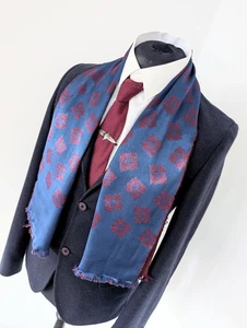 Men's Vintage Geometric Scarf, Gents 60's Silk Evening Blue Scarf Opera Cravat - Picture 1 of 11