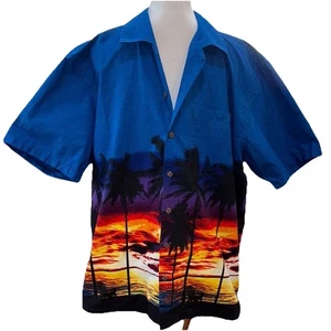 Tropical Hawaiian Shirt XL Sunset Palm Tree Print Aloha Beach Resort Vacation - Picture 1 of 9