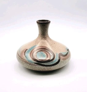 Jarrón esmaltado Faenza Italia moteado marrón azul remolino tono tierra vintage firmado - Imagen 1 de 14