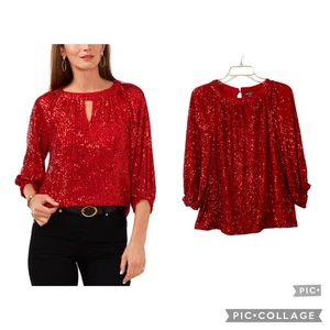 Vince Camuto Red Sequin Women's Keyhole Detail Raglan Sleeve Top Size Medium - Picture 1 of 13
