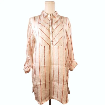 C&C California Linen Tunic Top Pink Red Stripe 3/4 Sleeve Button Up Medium - Image 1 of 4