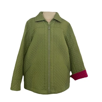 The Quacker Factory Quilted Jacket 1X Green/Pink 100% Silk Zip Embellished Coat - Image 1 of 4