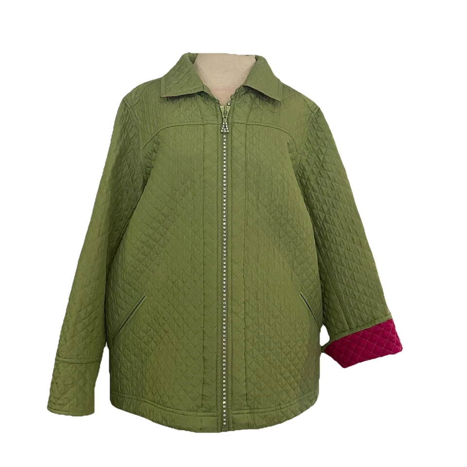 The Quacker Factory Quilted Jacket 1X Green/Pink 100% Silk Zip Embellished Coat - Image 1 of 4