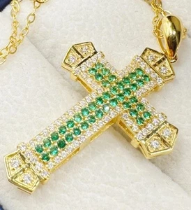 Damen Kreuz Anhänger mit Kette Brillant Diamant Smaragd ,750 Gelbgold 18KT-Neu - Bild 1 von 12