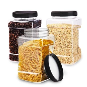 3Pcs 98OZ Clear Square Plastic Jars Wide Mouth Storage with Lids Large Airtight - Picture 1 of 7