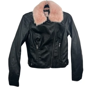 Chaqueta Candies Para Mujer Imitación Cuero Rosa Cuello Piel Sintética Moto Cremallera Pequeña Nueva Con Etiquetas - Imagen 1 de 8