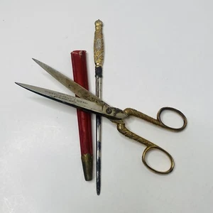Vtg Desktop Gold CB Inc Germany Scissors & Letter Opener W/ Red Holder LOOK - Picture 1 of 24