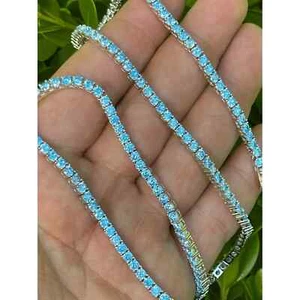 Men's Women's 3mm Real Solid 925 Sterling Silver Aqua Blue Aquamarine Tennis Nec - Picture 1 of 3