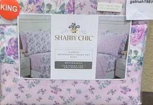 Shabby Chic by Rachel Ashwell 6pc Reversible Floral KING Sheet Set Lilac Purple - Picture 1 of 5