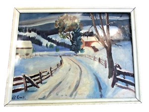 Vintage Ölgemälde Winterlandschaft Öl auf Leinwand alt americana Volkskunst Gemälde - Bild 1 von 9